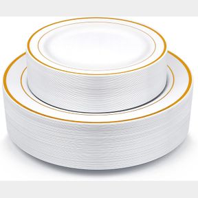 GOLD PLASTIC PLATES MCIRCO 100 PIECES DISPOSABLE PARTY PLATES FOR WEDDINGS PREMIUM GOLD RIM PLATES INCLUDE 50 10.25 INCH DINNER