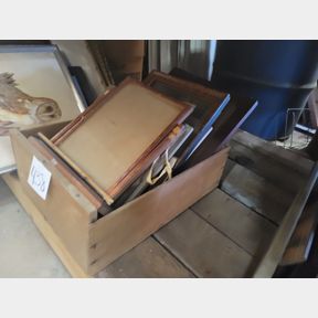 Wood Crate of Antique Photo Frames and Some Artwork