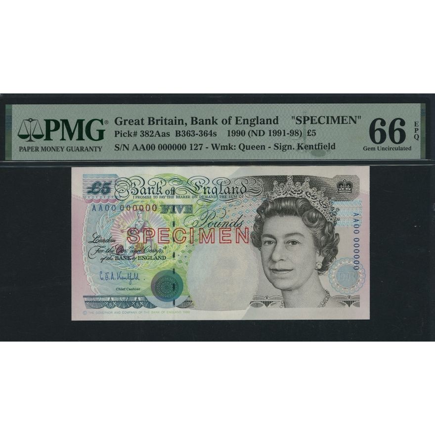 Bank of England, G. E. A. Kentfield, specimen £5, ND (1991-98), serial ...