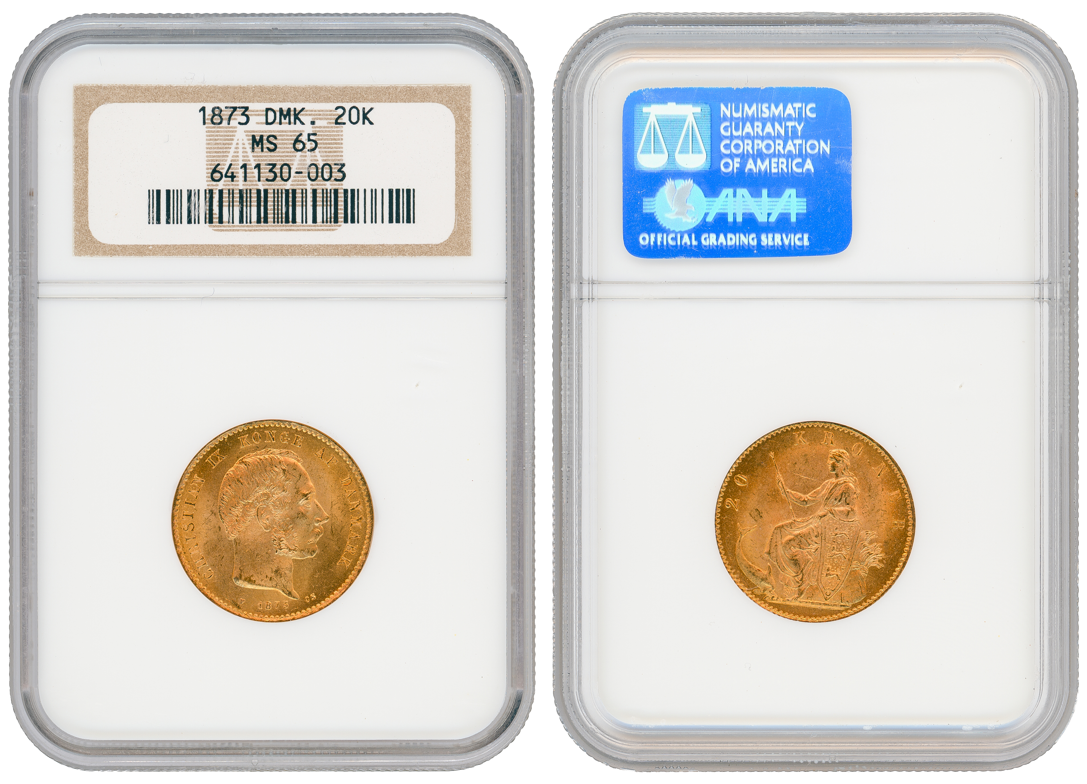 100 · Denmark, Christian IX, Twenty Kroner, 1873-CS, NGC MS65