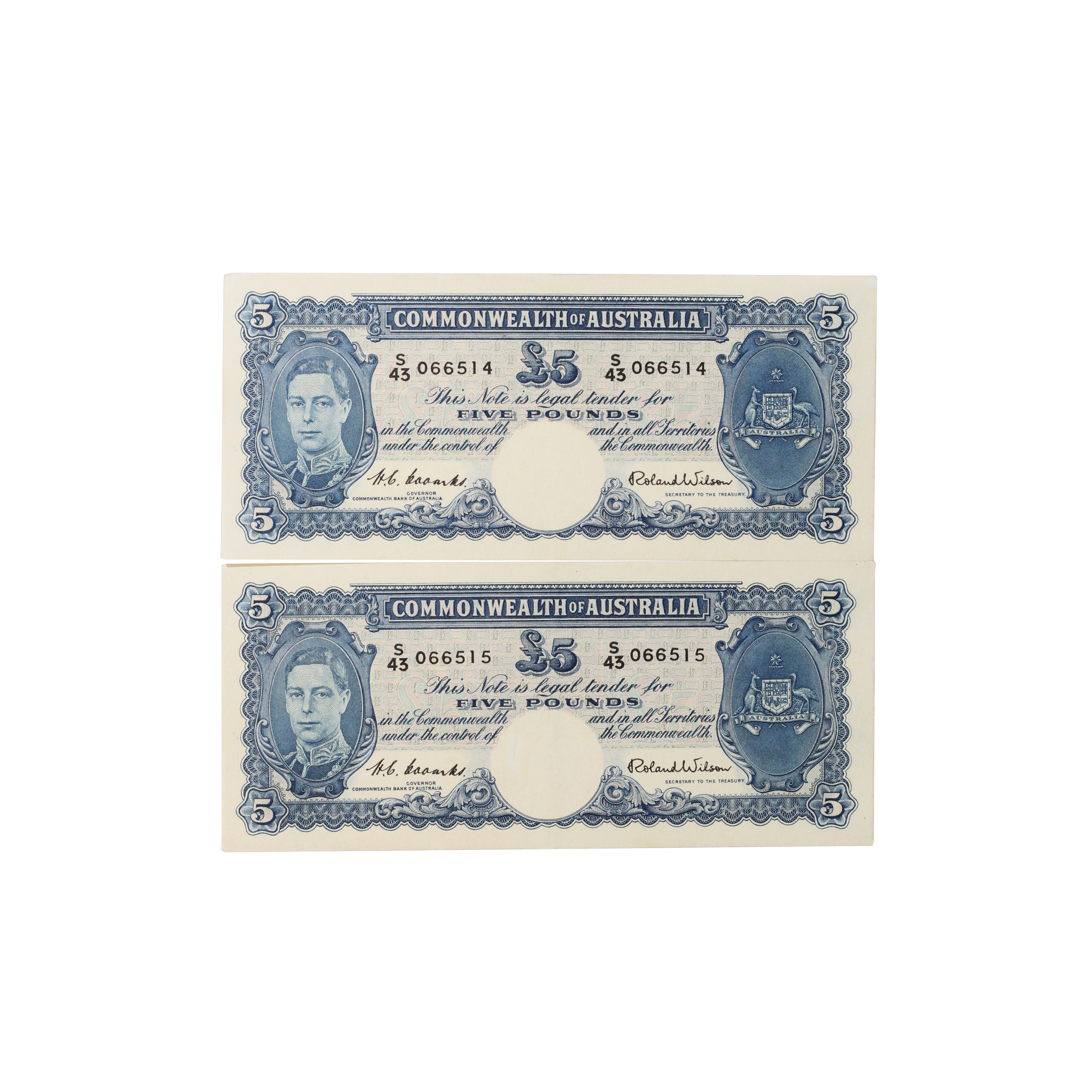 1911. · Consecutive Pair, Coombs/Wilson, Five Pounds, 1952, aUNC