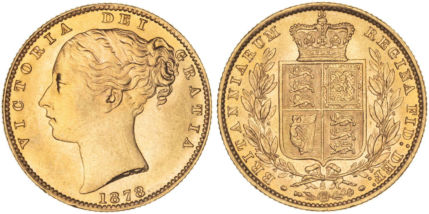 Victoria, Shield Reverse, Sovereign, 1878-S, UNC