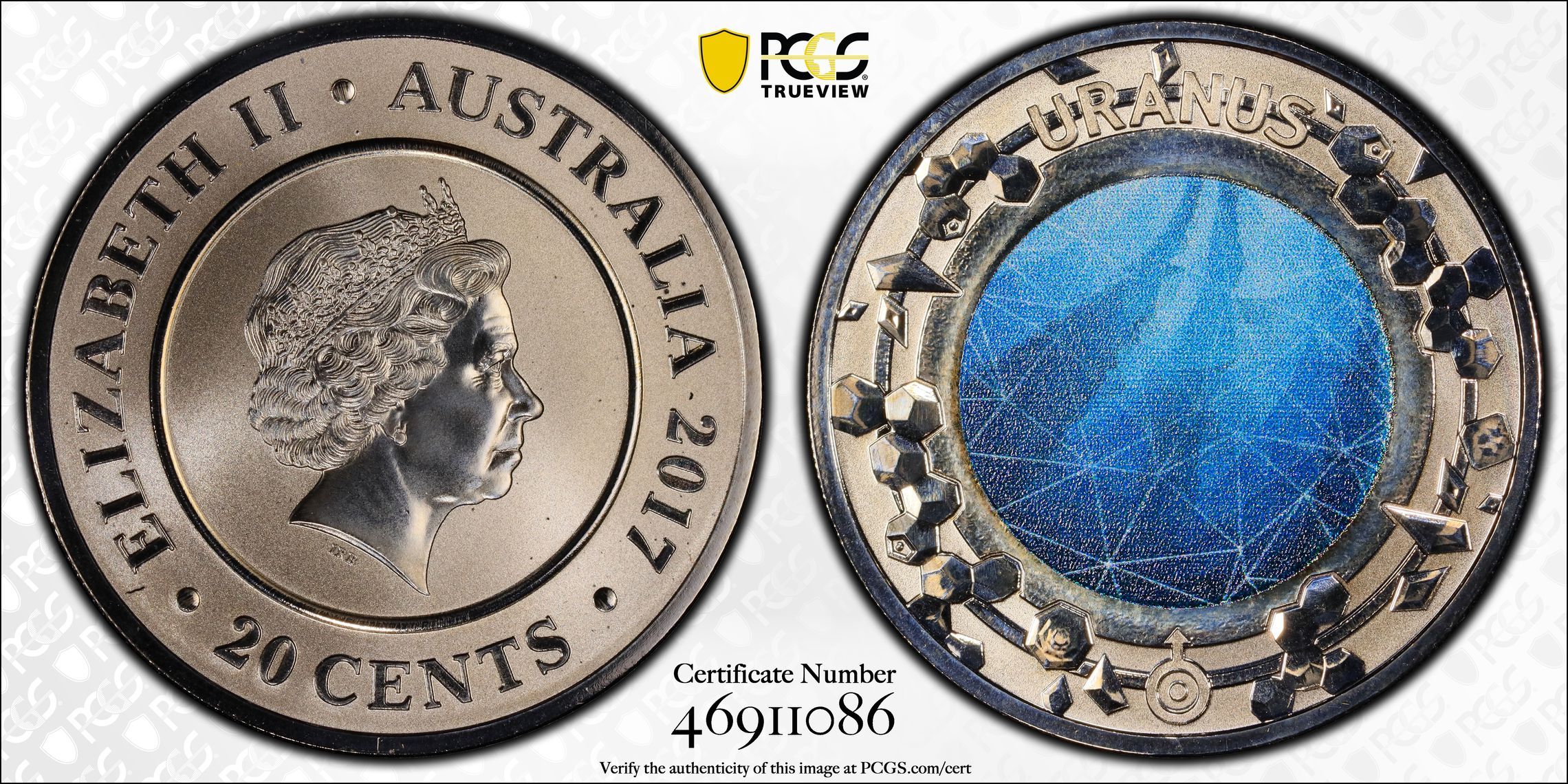 Planetary Coins Uranus, Twenty Cent, 2017, PCGS MS 70