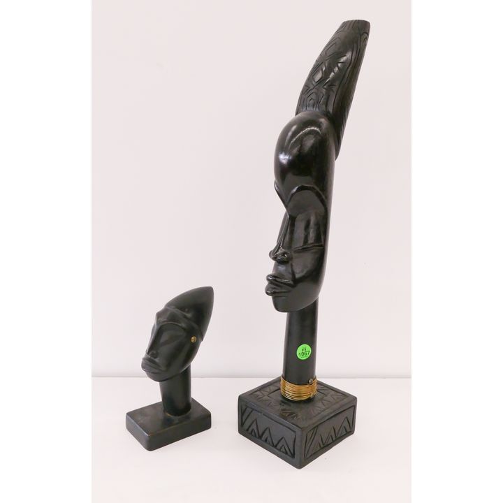 2pc African Carved Wood Head Busts- 7'' & 20''