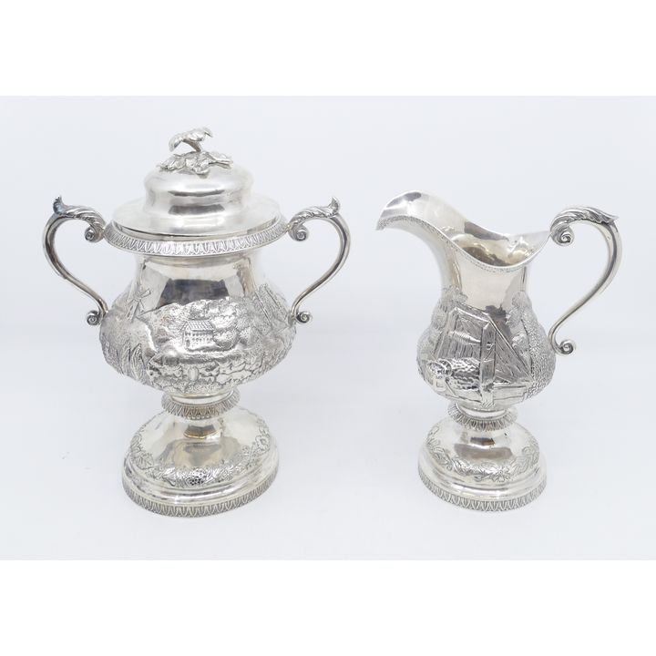 Early American Coin Silver Sugar Bowl & Creamer