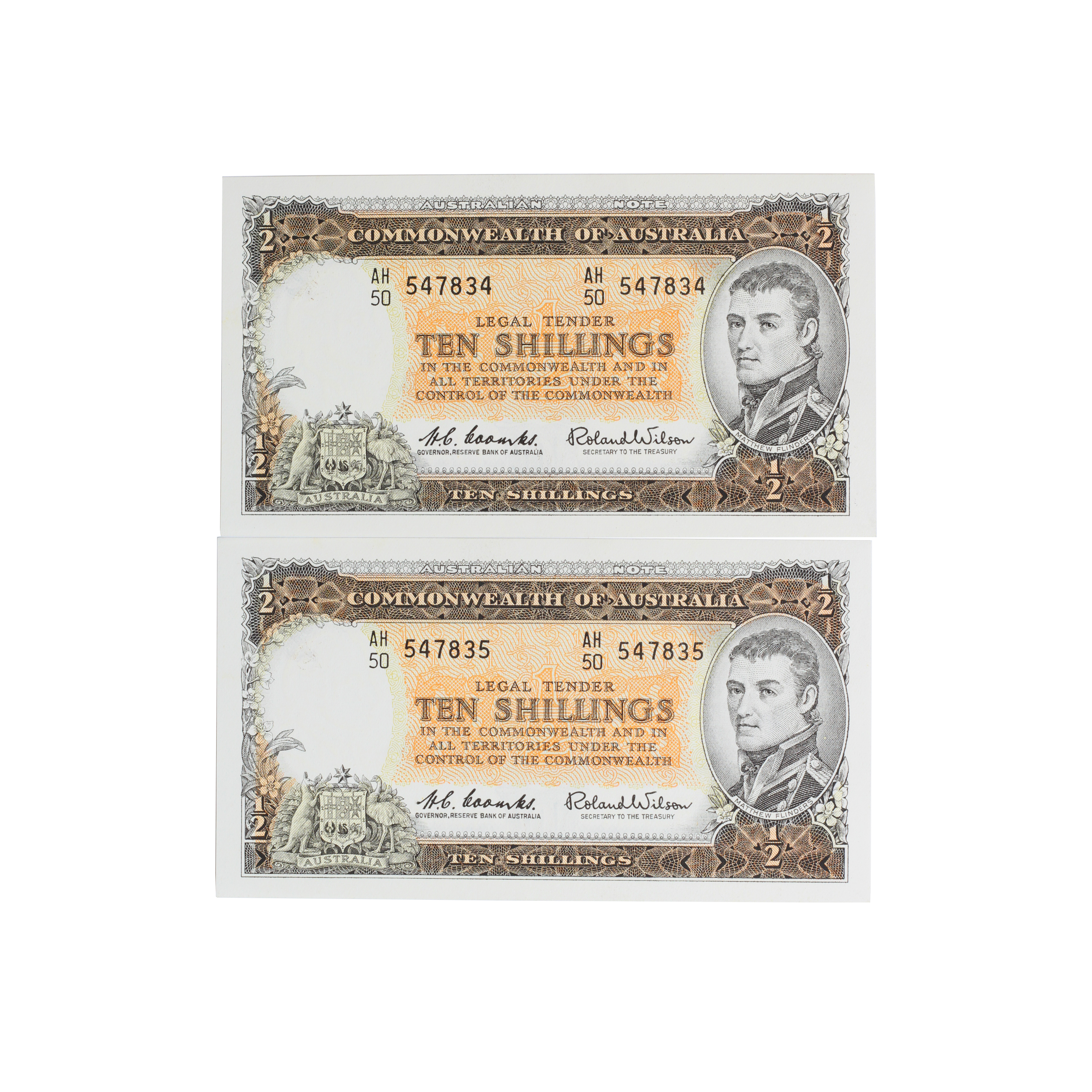 1956. · Consecutive Pair, Coombs/Wilson, Ten Shillings, 1961, UNC