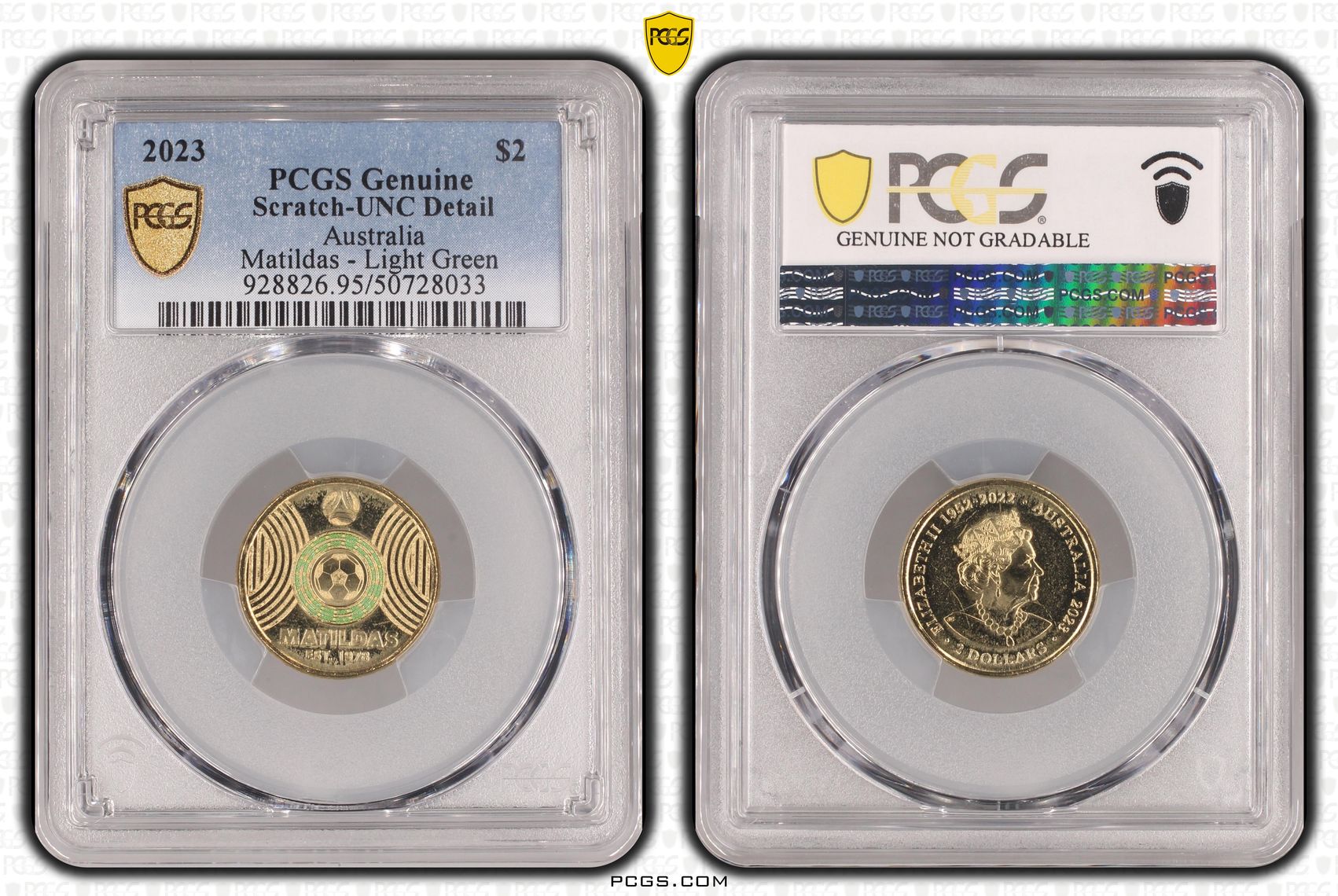 Matildas - Light Green Colorized, Two Dollar, 2023, PCGS Genuine - UNC Details (95 - Scratch)
