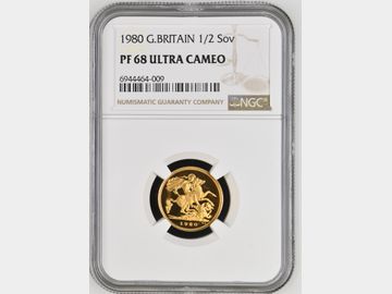 1980 ELIZABETH II PROOF GOLD HALF SOVEREIGN PF68 UCAM