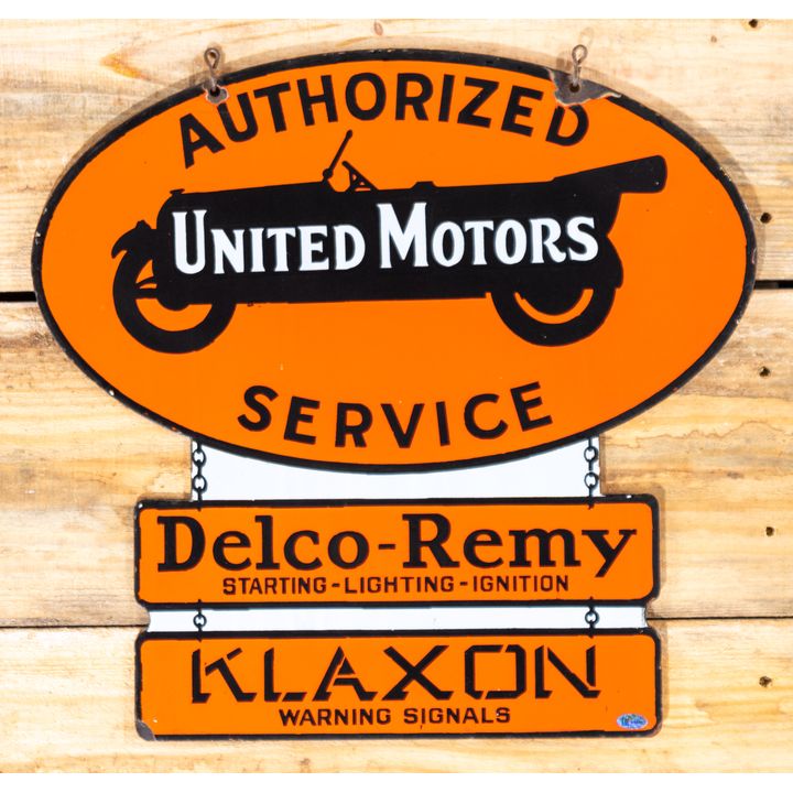 United Motors Authorized Service Delco-Remy Klaxon Double Sided Porcelain Sign TAC 9