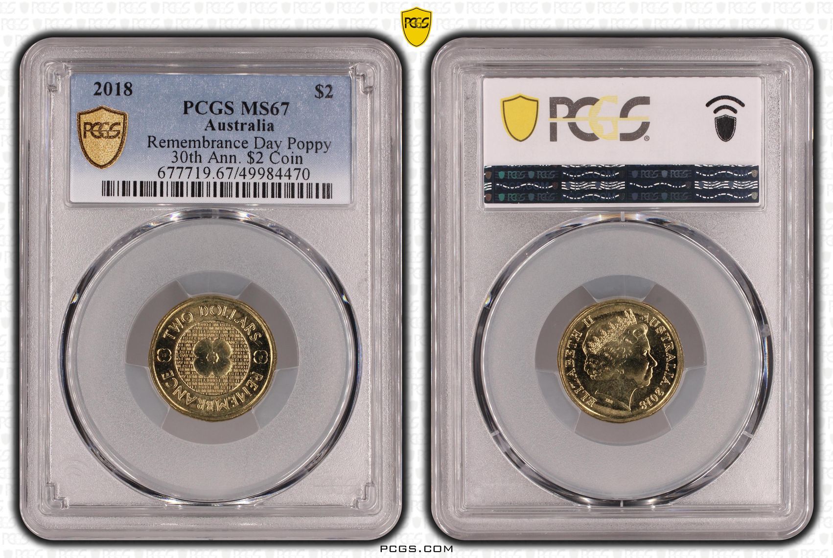 Remembrance Day Poppy 30th Ann. $2 Coin , Two Dollar, 2018, PCGS MS67