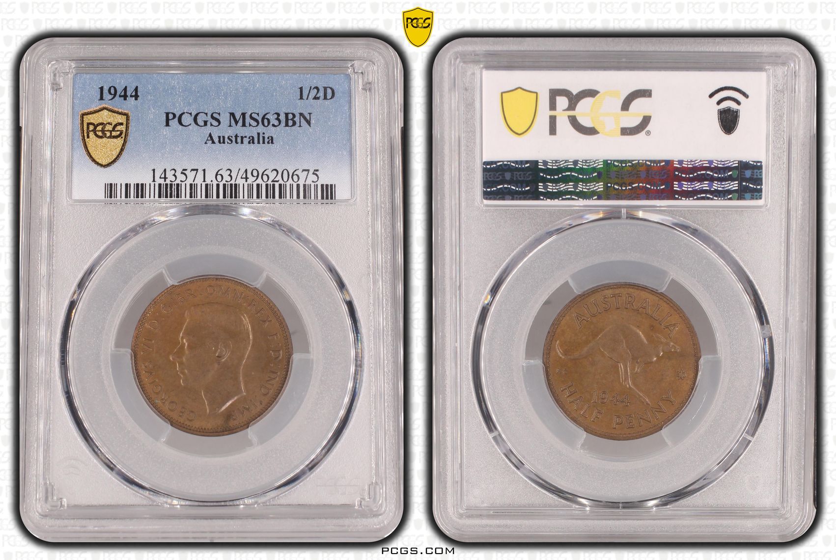 George VI, Halfpenny, 1944, PCGS MS63BN