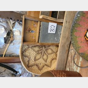 Decorative wash board and woven tray, with large wood decorative wood rack