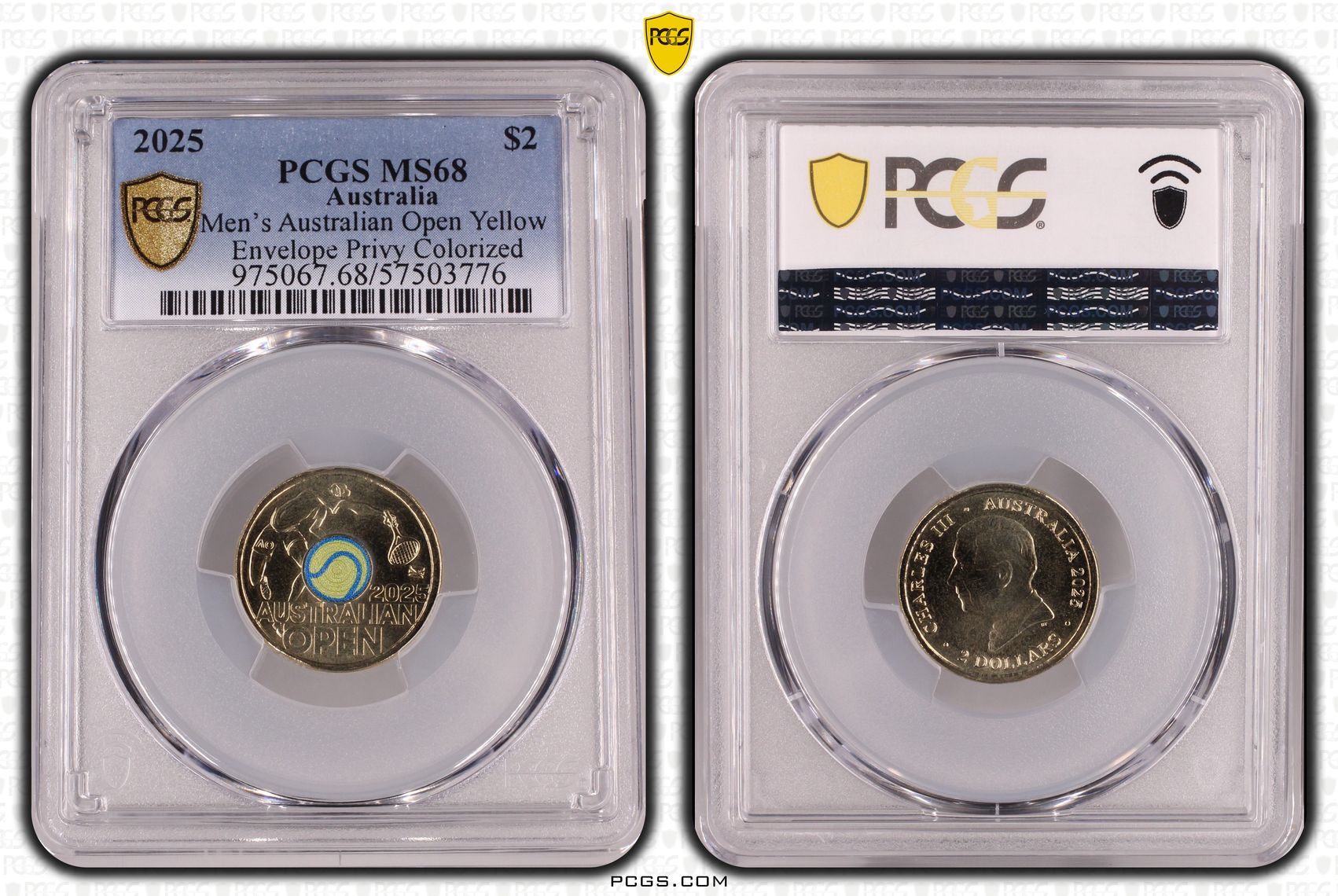 Men's Australian Open Yellow Envelope Privy Colourised, Two Dollar, 2025, PCGS MS68