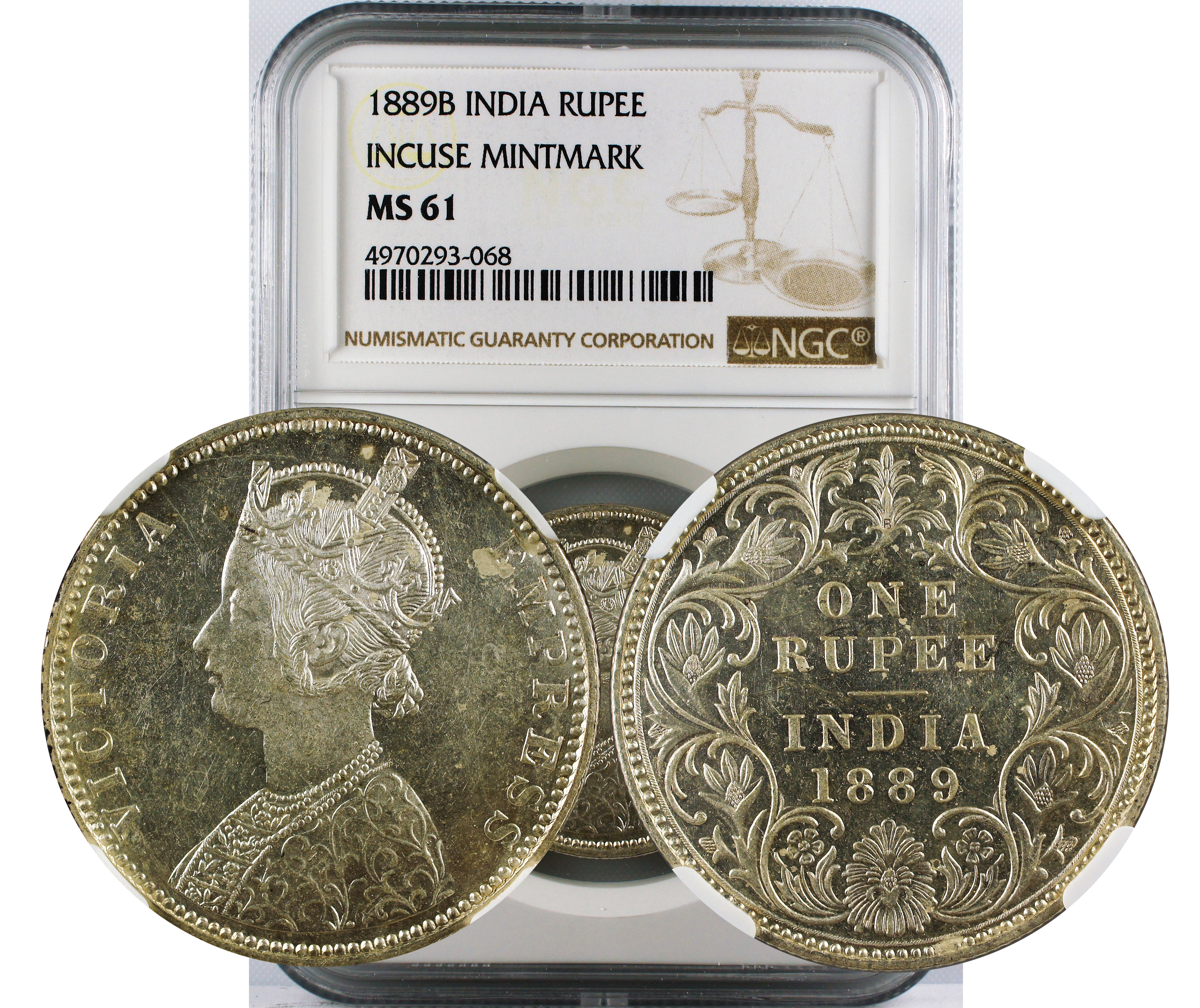 1889 B INDIA RUPEE INCUSE MINTMARK MS61