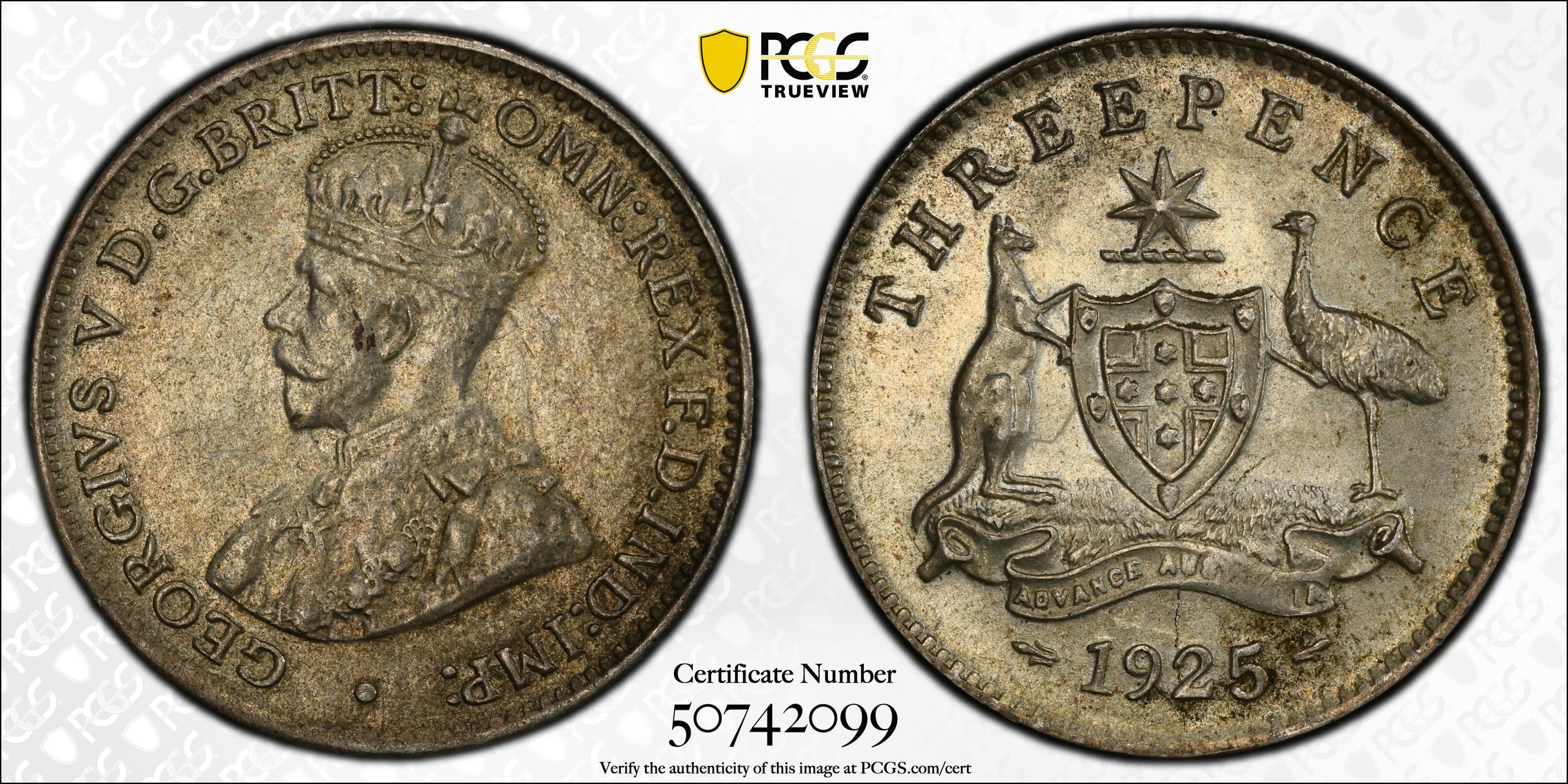 George V, Threepence, 1925(m,sy), PCGS MS62