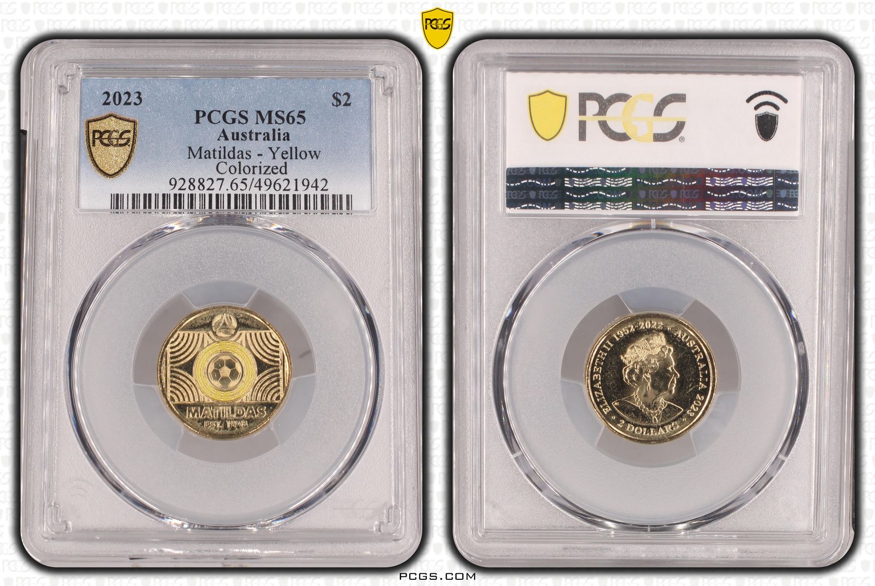 Matildas - Yellow Colorized , Two Dollar, 2023, PCGS MS65