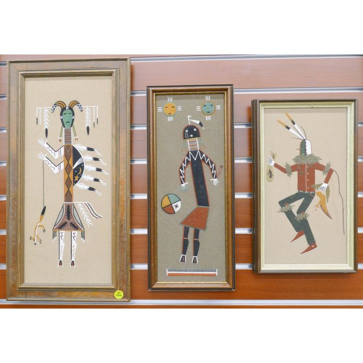 3pc Southwest Kachina Sand Paintings Framed- Wallace Ben Etc- largest 20x10''