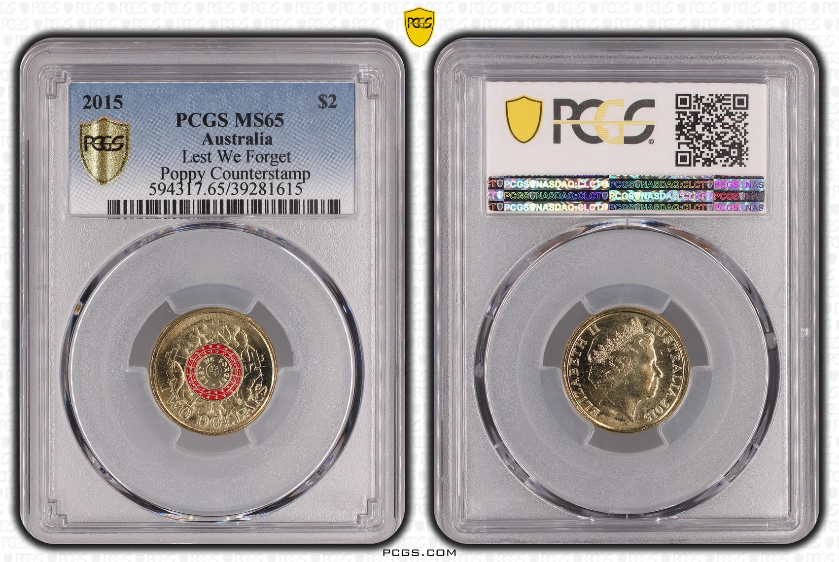 Lest We Forget Colorized Poppy counterstamp, Two Dollar, 2015, PCGS MS65