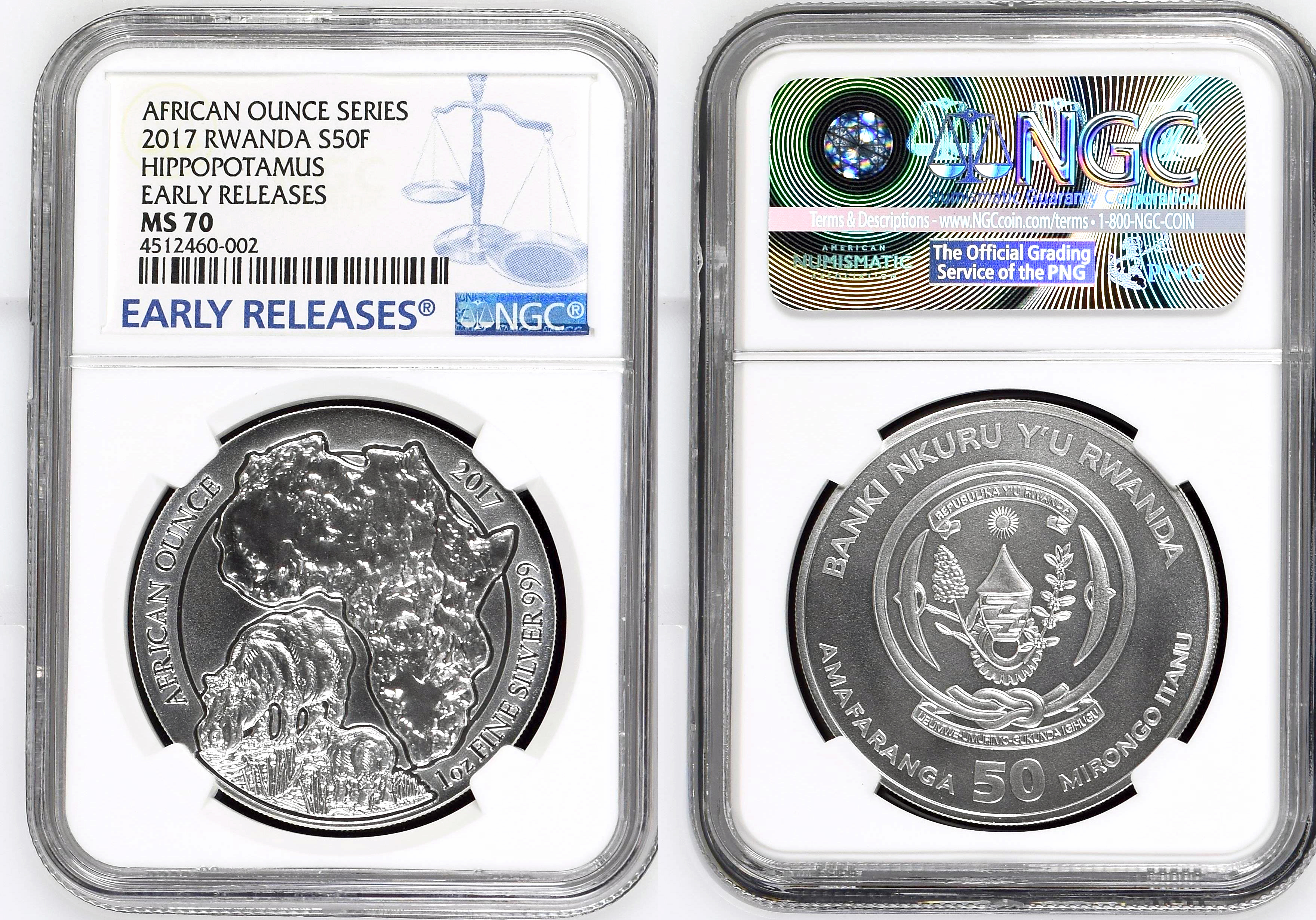Africa, Hippopotamus, Fifty Francs, 2017, NGC MS 70