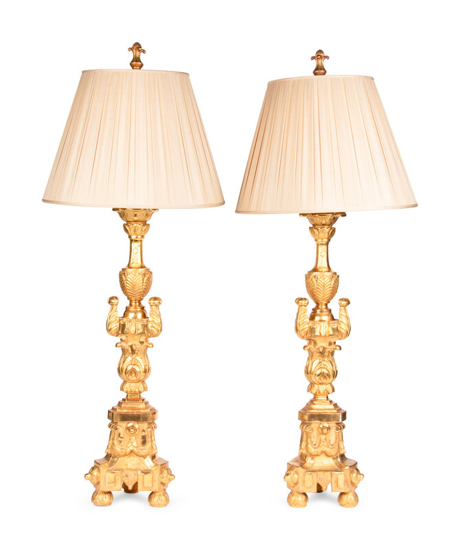 A Pair of Italian Giltwood Prickets Mounted as Lamps