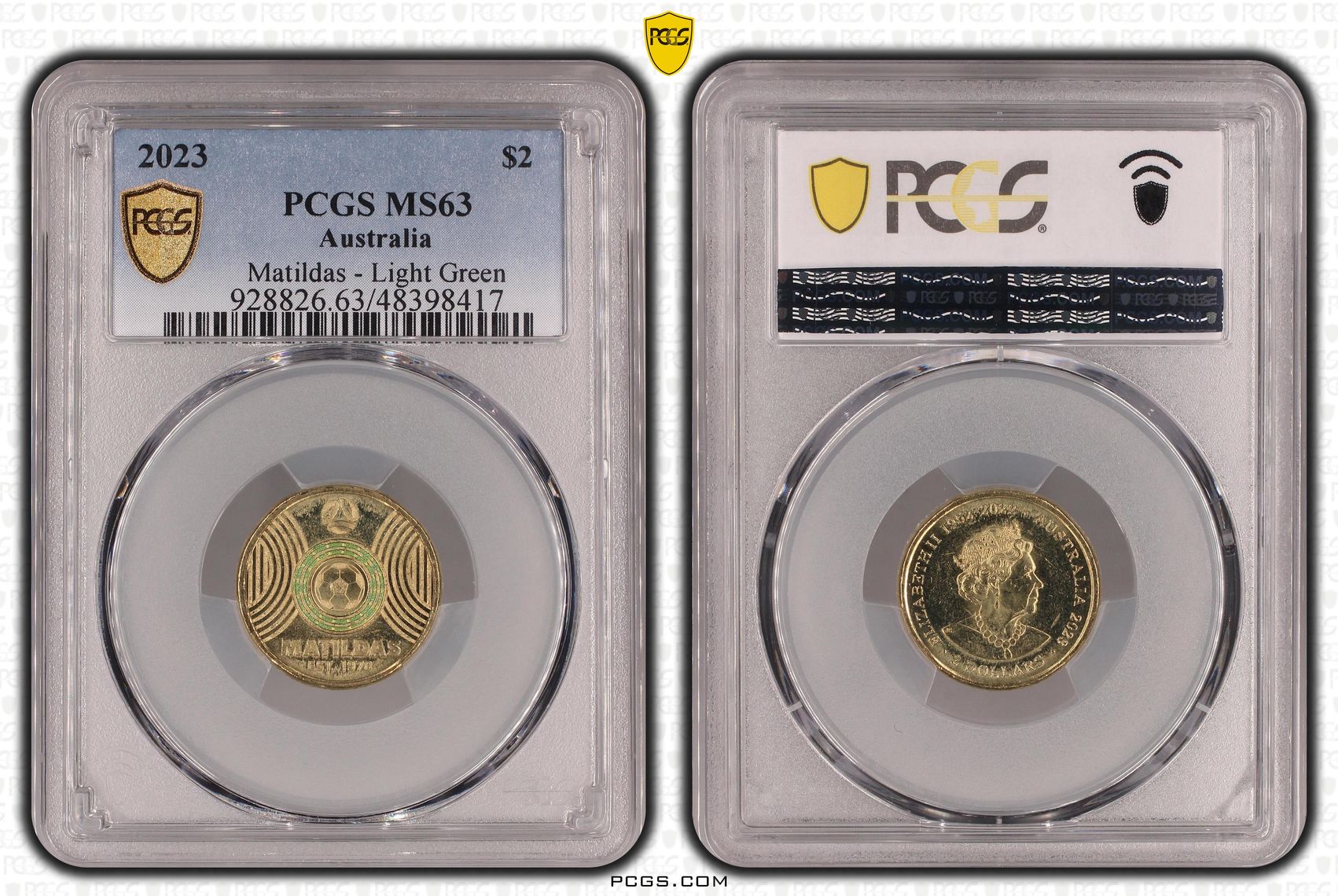 Elizabeth II, Matildas - Light Green Colorized , Two Dollar, 2023, PCGS MS63