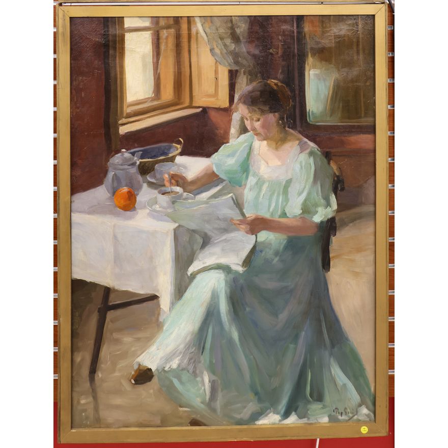 Emil Pap (Hungarian) ''Woman Reading'' Large Oil Painting Framed