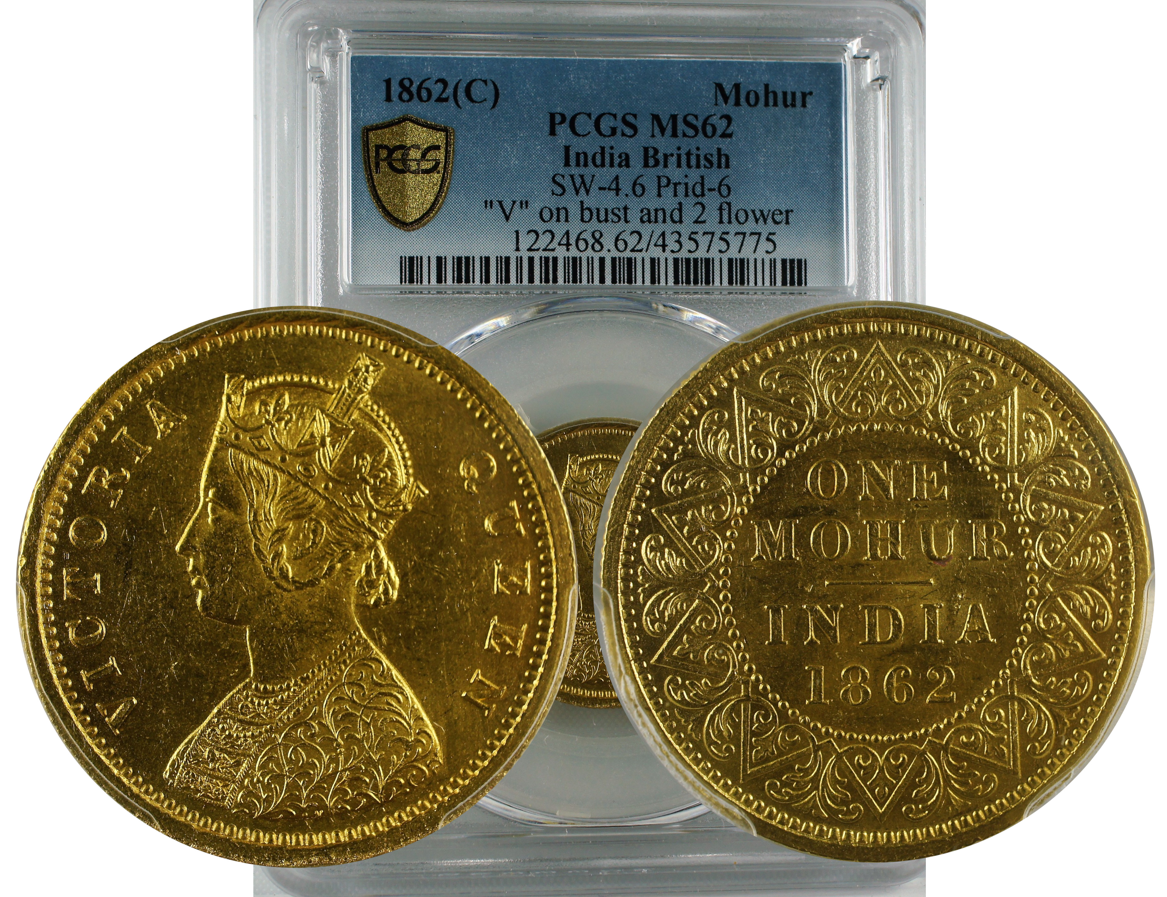 1862 C INDIA MOHUR MS62 SW-4.6 PRID-6 V ON BUST & 2 FLOWER