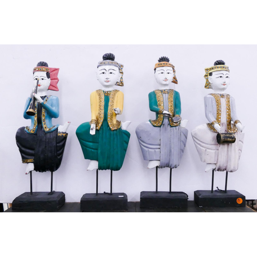 Set 4pc Thai Jeweled Carved Wood Musician Figures- 19'' each