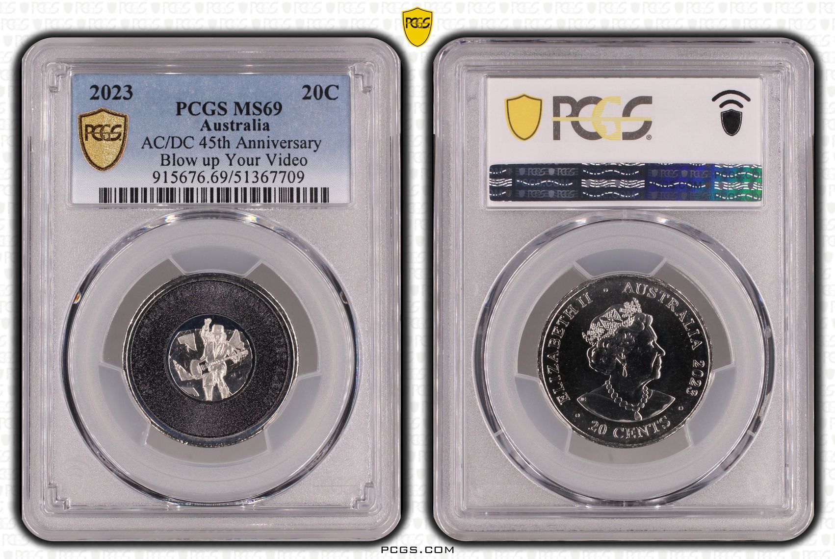 AC/DC 45th Anniversary Blow up Your Video, Twenty Cent, 2023, PCGS MS69