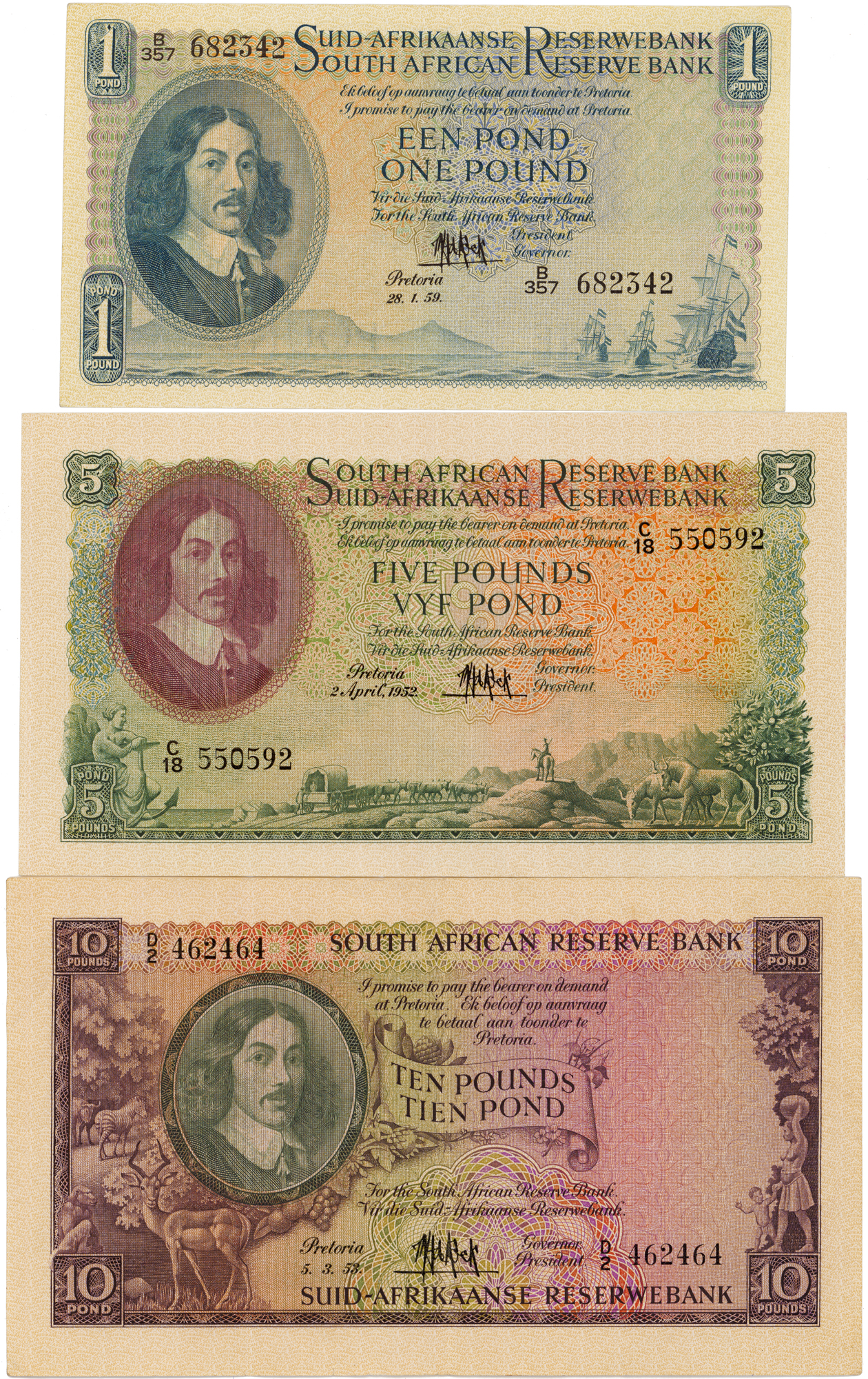 South Africa, Reserve Bank, One Pound - Ten Pounds, 1952 - 1959, VF - EF