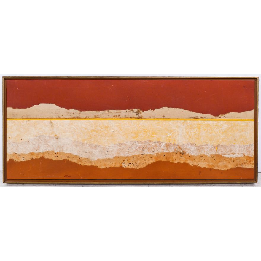 Jacqueline Paul 'Zihautanejo' Casein Collage Midcentury Artwork Framed- 19x47''