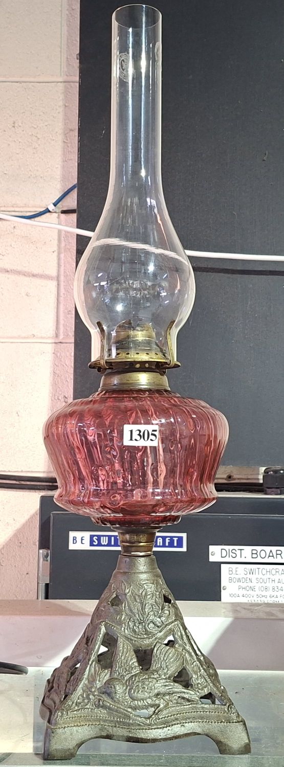 Edwardian Cranberry Glass Kerosene Lamp