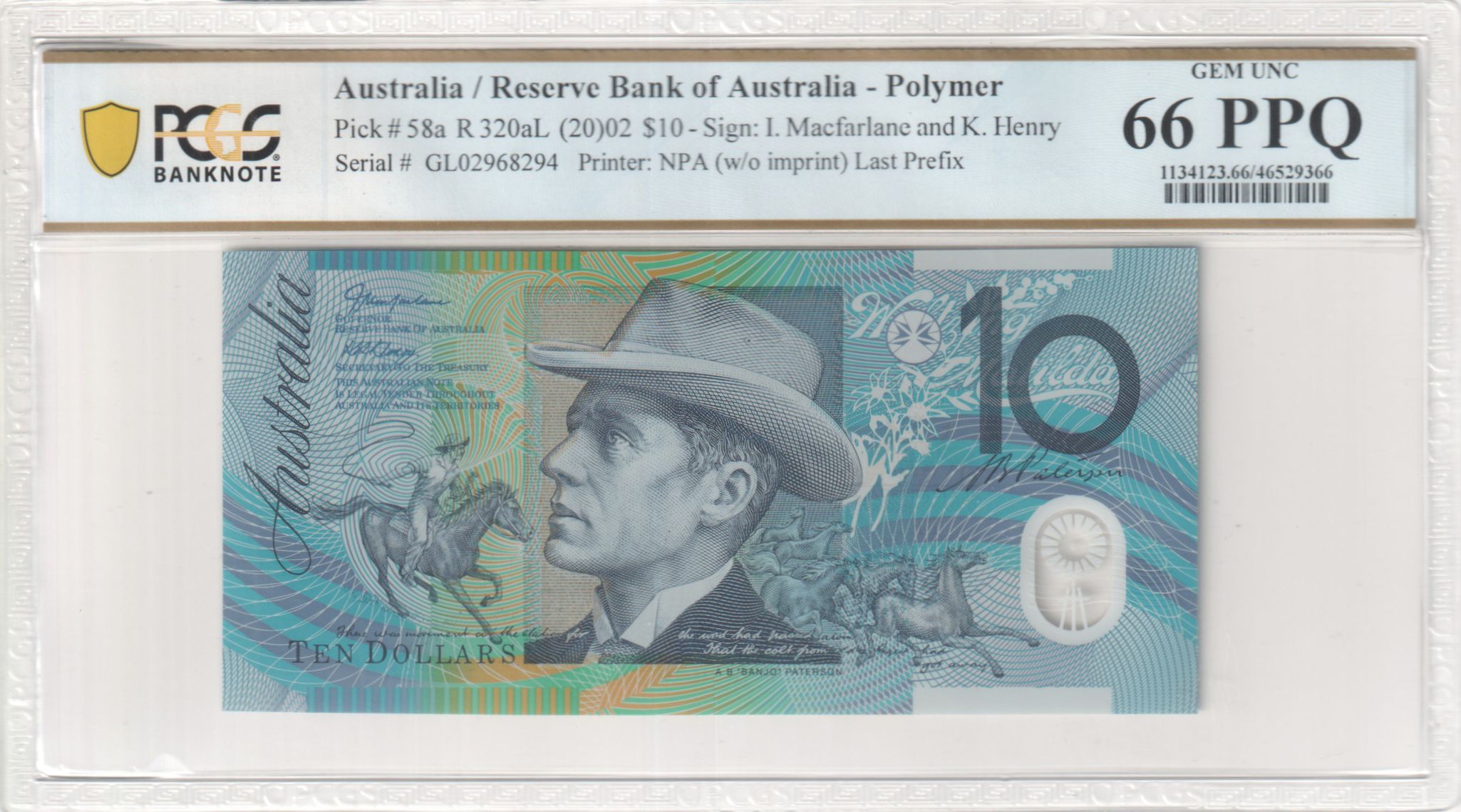 470 · Macfarlane/Henry, Last Prefix, Ten Dollar, 2002, PCGS Gem UNC 66 PPQ