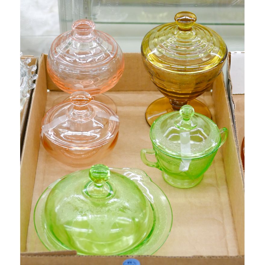 Box 5pc Vintage Covered Colored Glass Compotes etc.