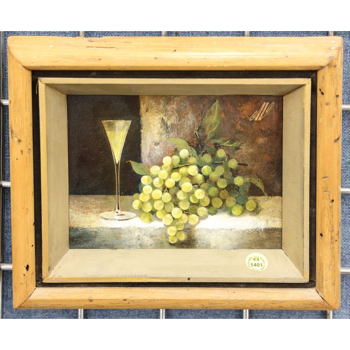 Anton Van Dalen ''Wine and Grapes Still Life'' Small Oil Painting Framed 10''x11.5''