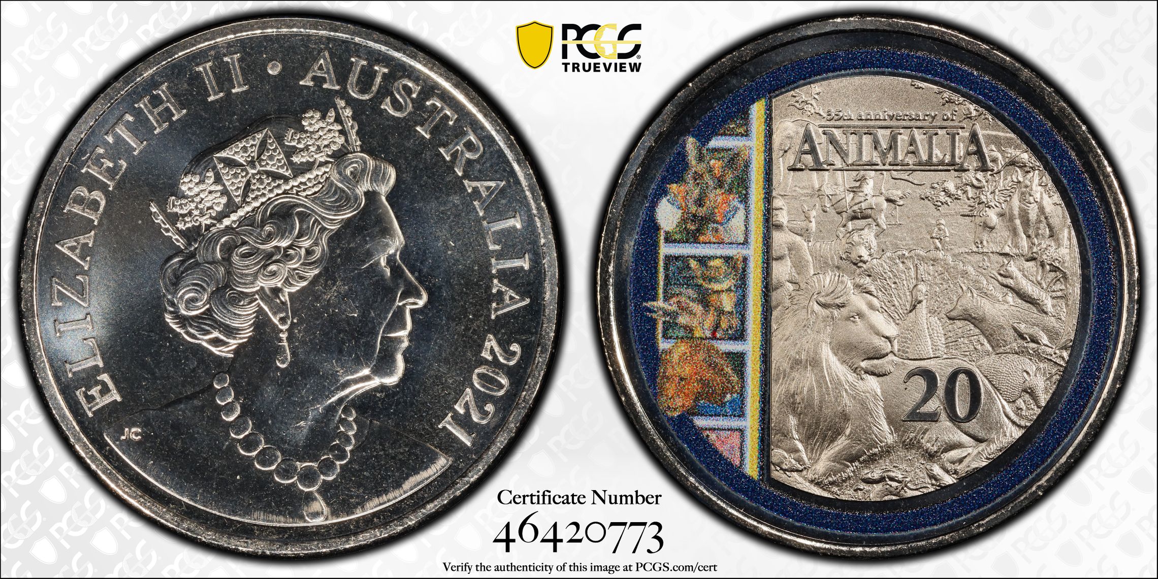 165 · Elizabeth II, Animalia 35th Ann. , Twenty Cent, 2021, PCGS MS68