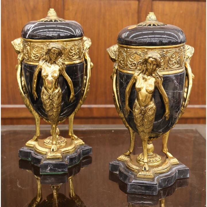 Pair Ormolu Mounted Black Marbel Urns with Nudes 15''