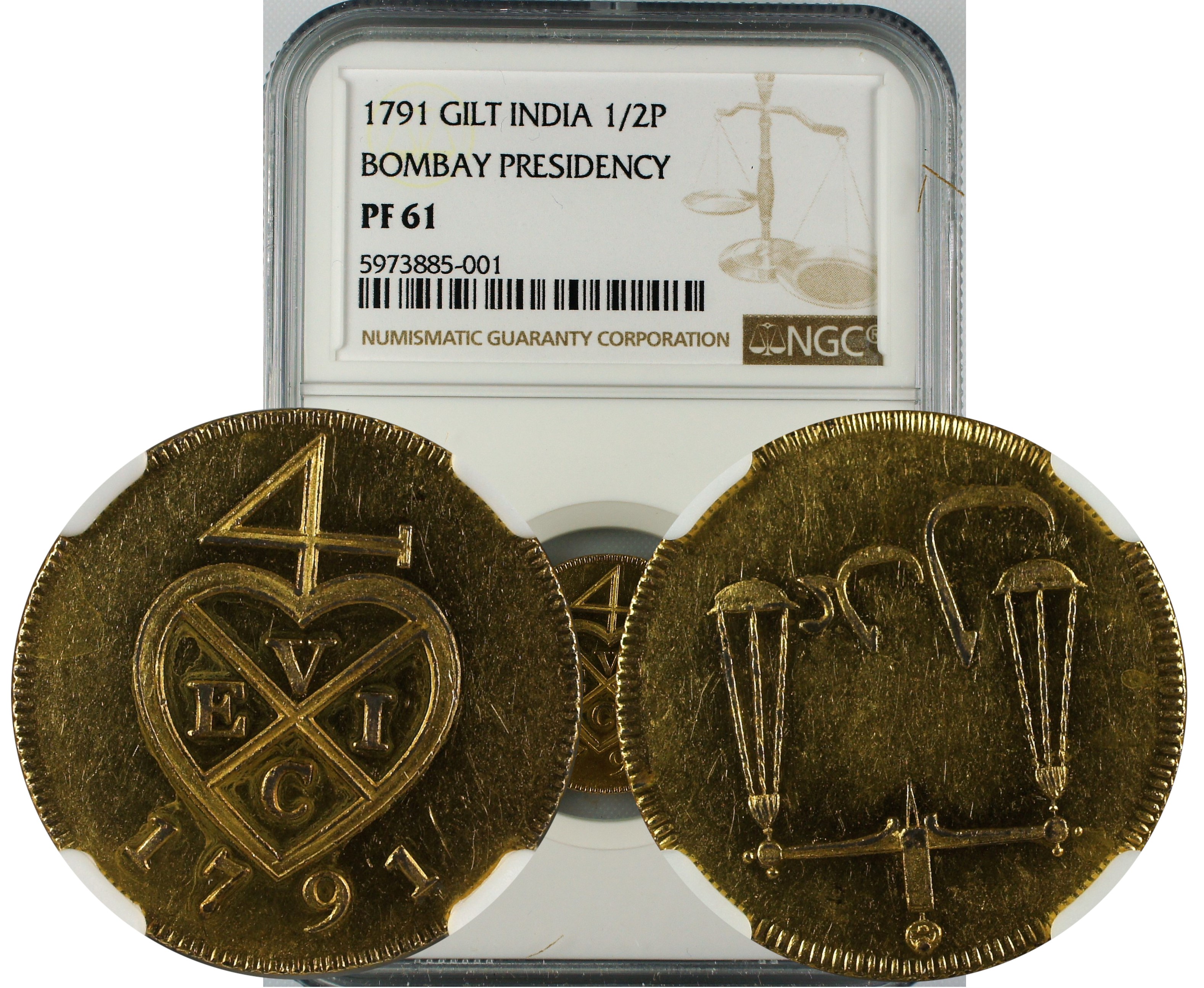 India Bombay Presidency 1791 Gilt 1/2 Pice NGC PF61