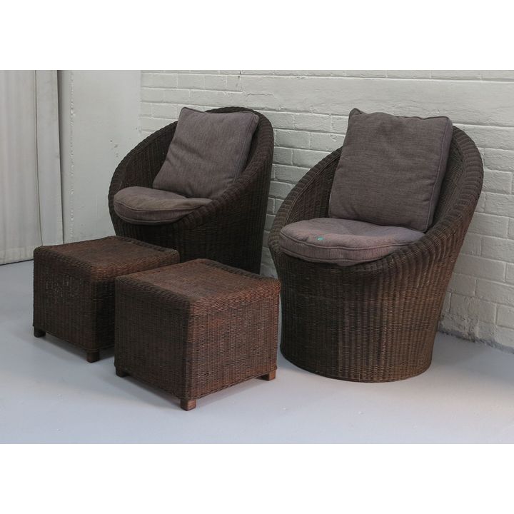 PAIR OF PATIO CHAIRS AND OTTOMANS