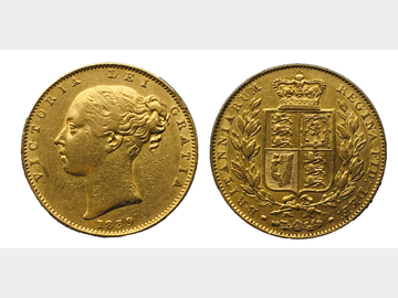 1839 Queen Victoria Young Head London Mint Shield Gold Sovereign.