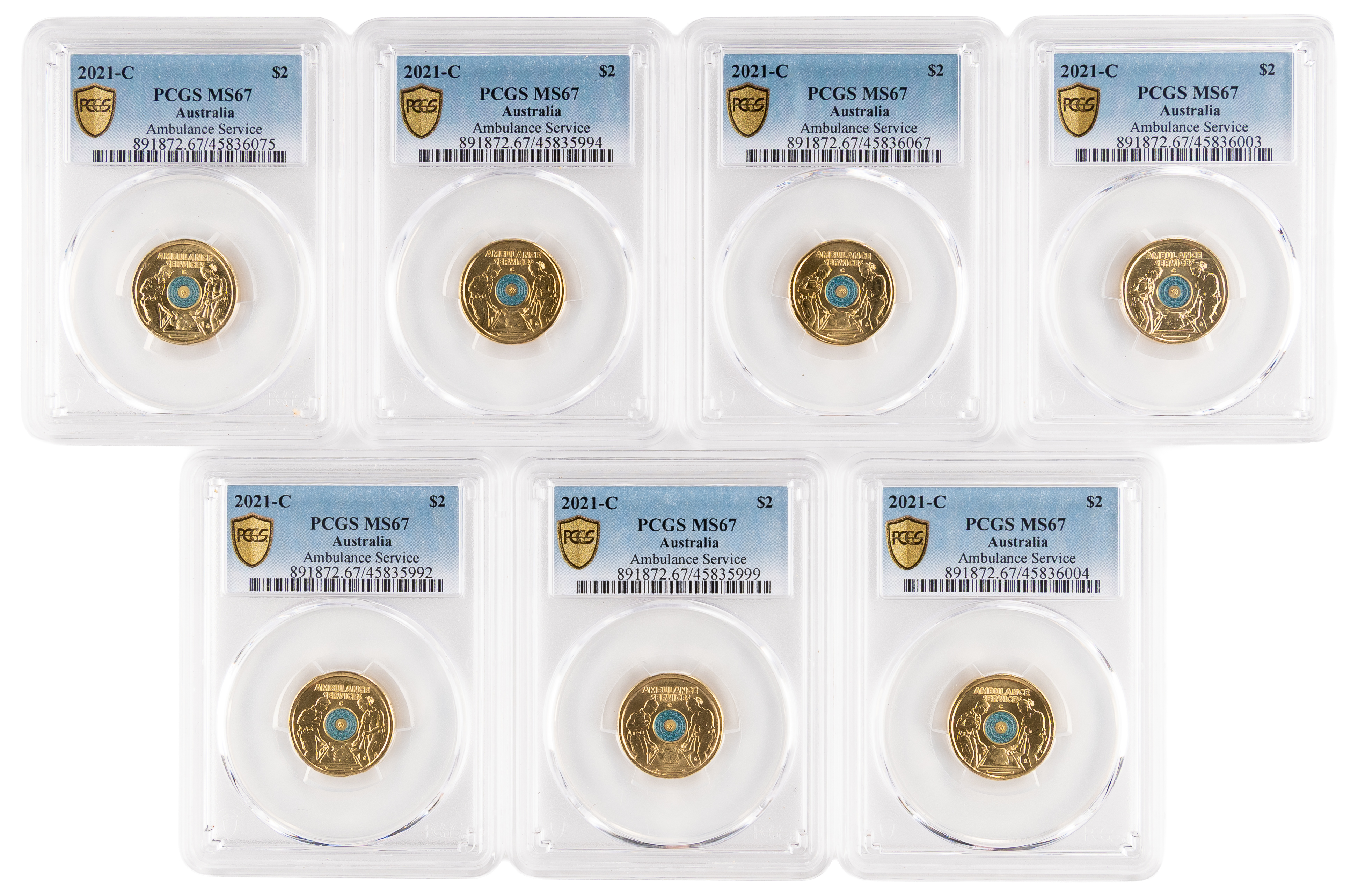 7x Ambulance Service Colourised, Two Dollar, 2021-C, PCGS MS67
