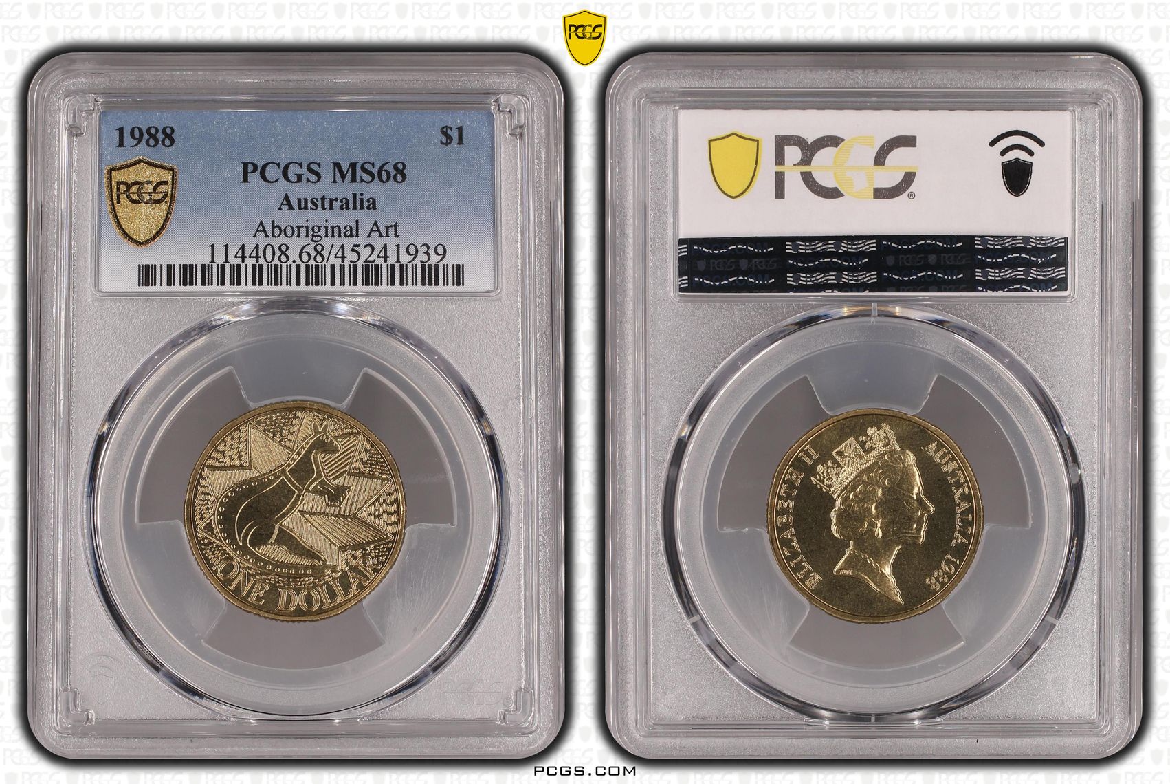 Elizabeth II, Aboriginal Art, One Dollar, 1988, PCGS MS 68