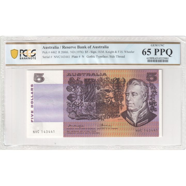 1976 Australia $5 Banknote Knight/Wheeler Gem Unc 65 PPQ  - R.206bL