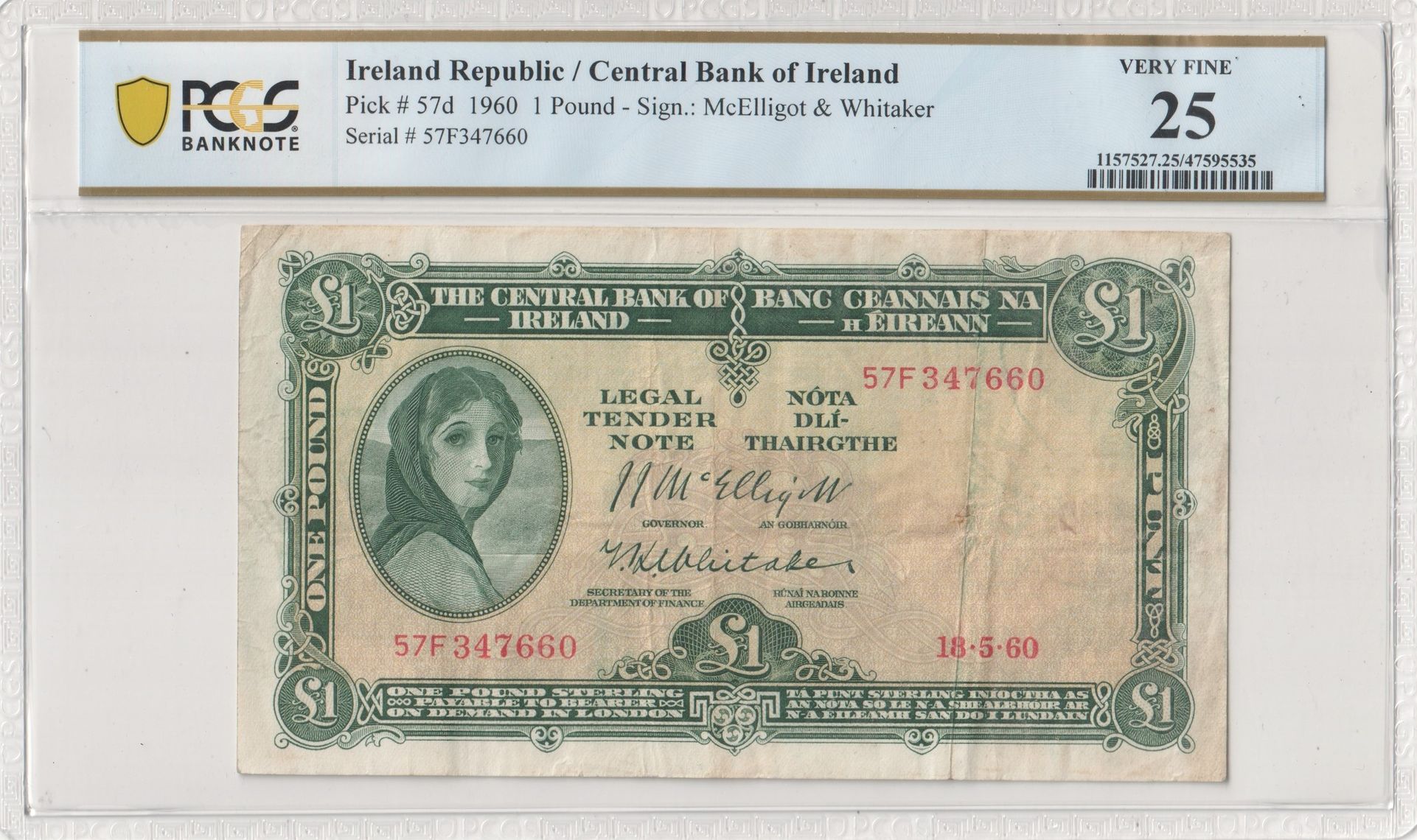 Ireland Republic, Central Bank of Ireland, McElligot & Whitaker, One Pound, 1960, PCGS Very Fine 25