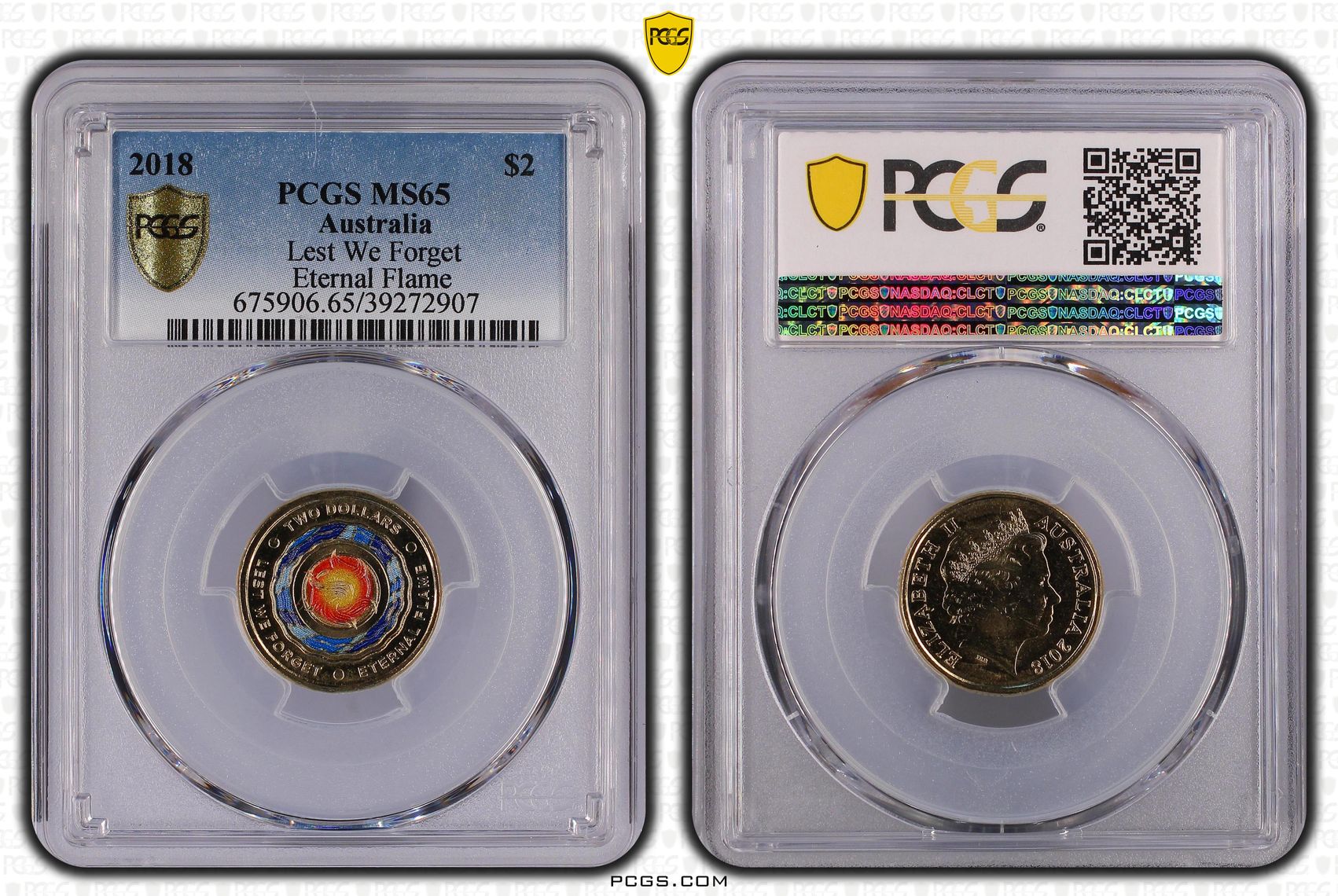 460 · Elizabeth II, Lest We Forget - Eternal Flame Colorized , Two Dollar, 2018, PCGS MS65