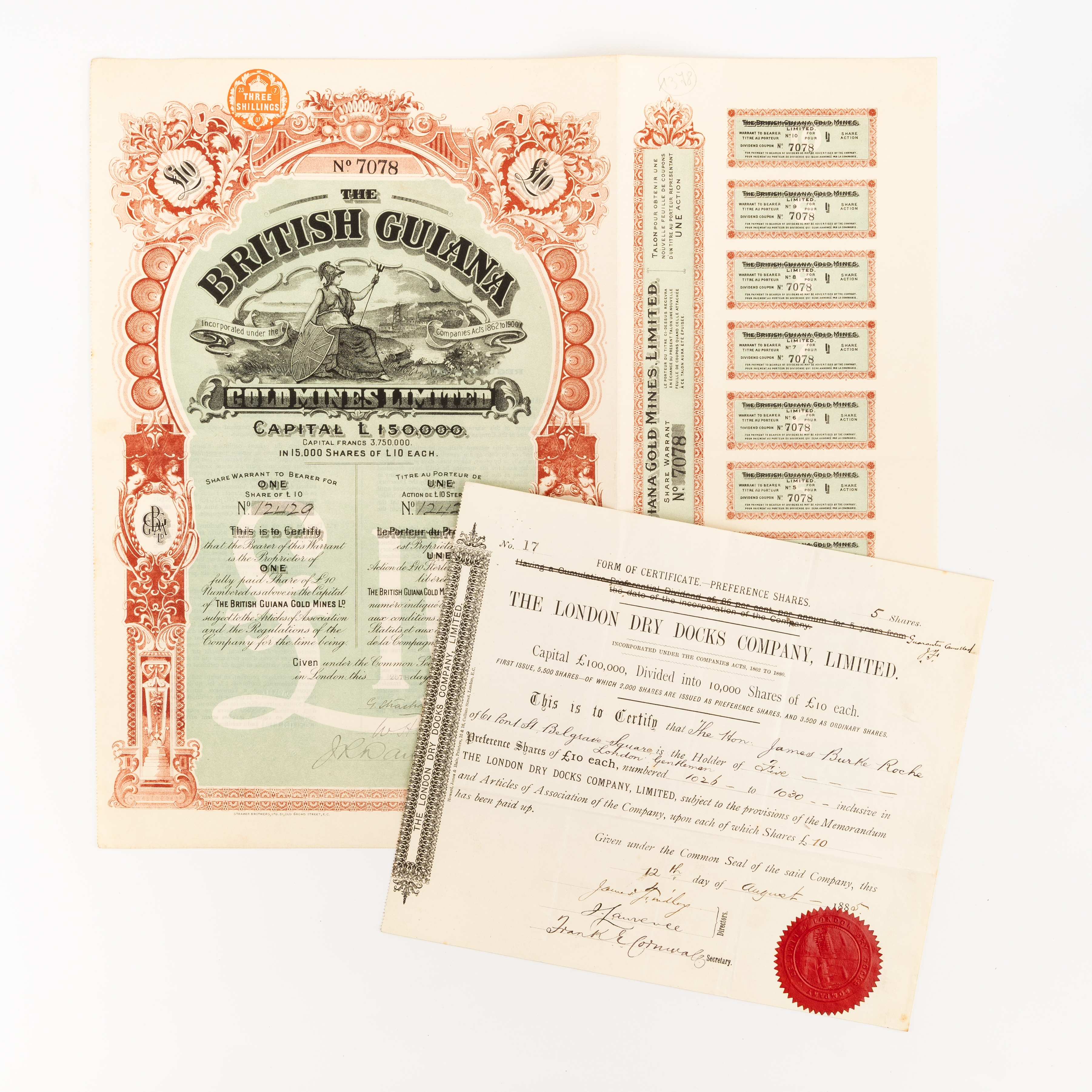 British Guiana & West Indies, The British Guiana Gold Mines Ltd & The London Dry Docks Co Ltd, 1885 - 1907, VF - EF