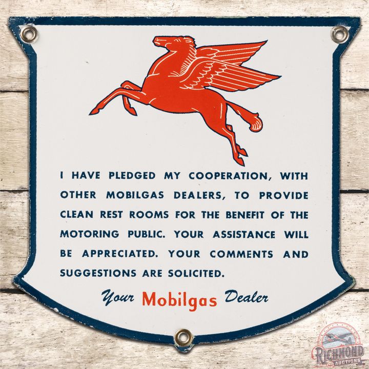 Mobilgas Gas Station "Pledge" SS Porcelain Shield Sign w/ Pegasus