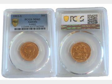 1911 King George V Sydney Mint Gold Sovereign. Graded by PCGS MS63