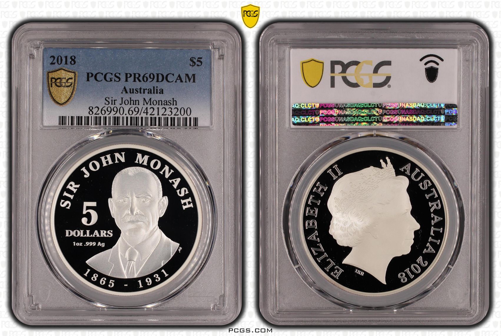 Sir John Monash, POP 4/0, Five Dollar, 2018, PCGS PR69DCAM