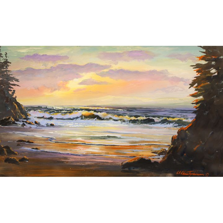 Carl Cristophersen (WA) ''Sunset Beach Scene'' Oil on Board Framed 19''x25''